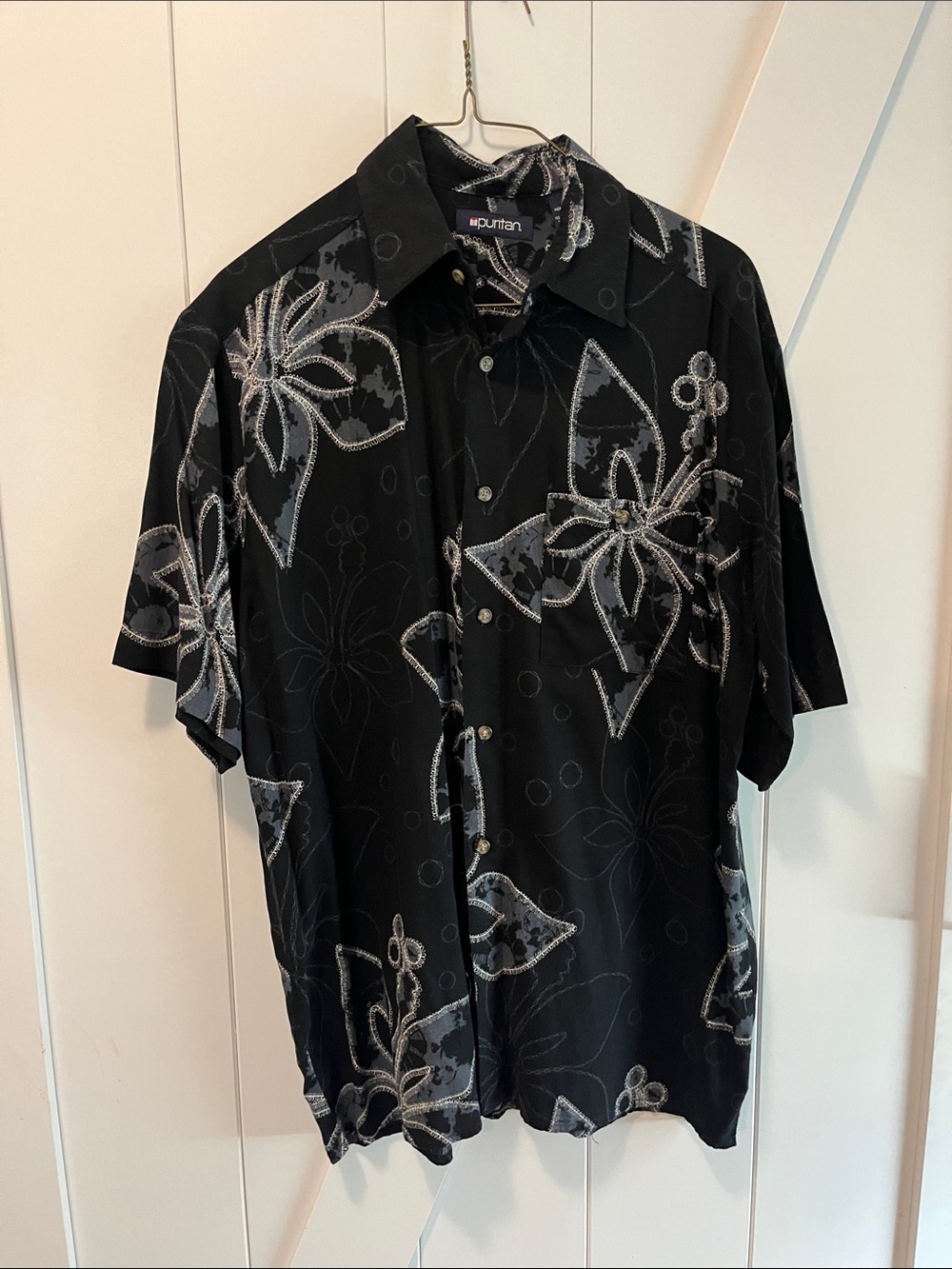 Puritan Black Short-Sleeve Button-Down with White Floral Print